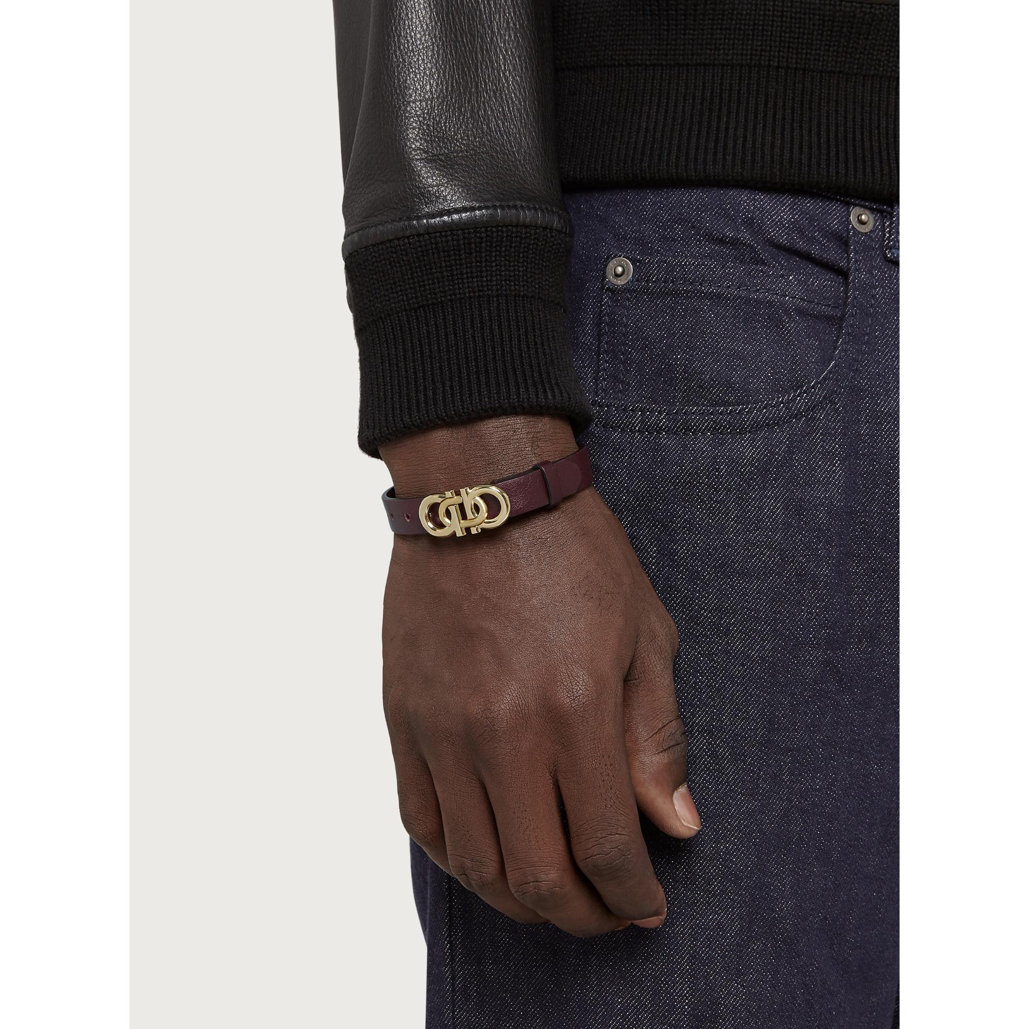 Gancini Bracelet in Calf Leather and Brass - Nebbiolo