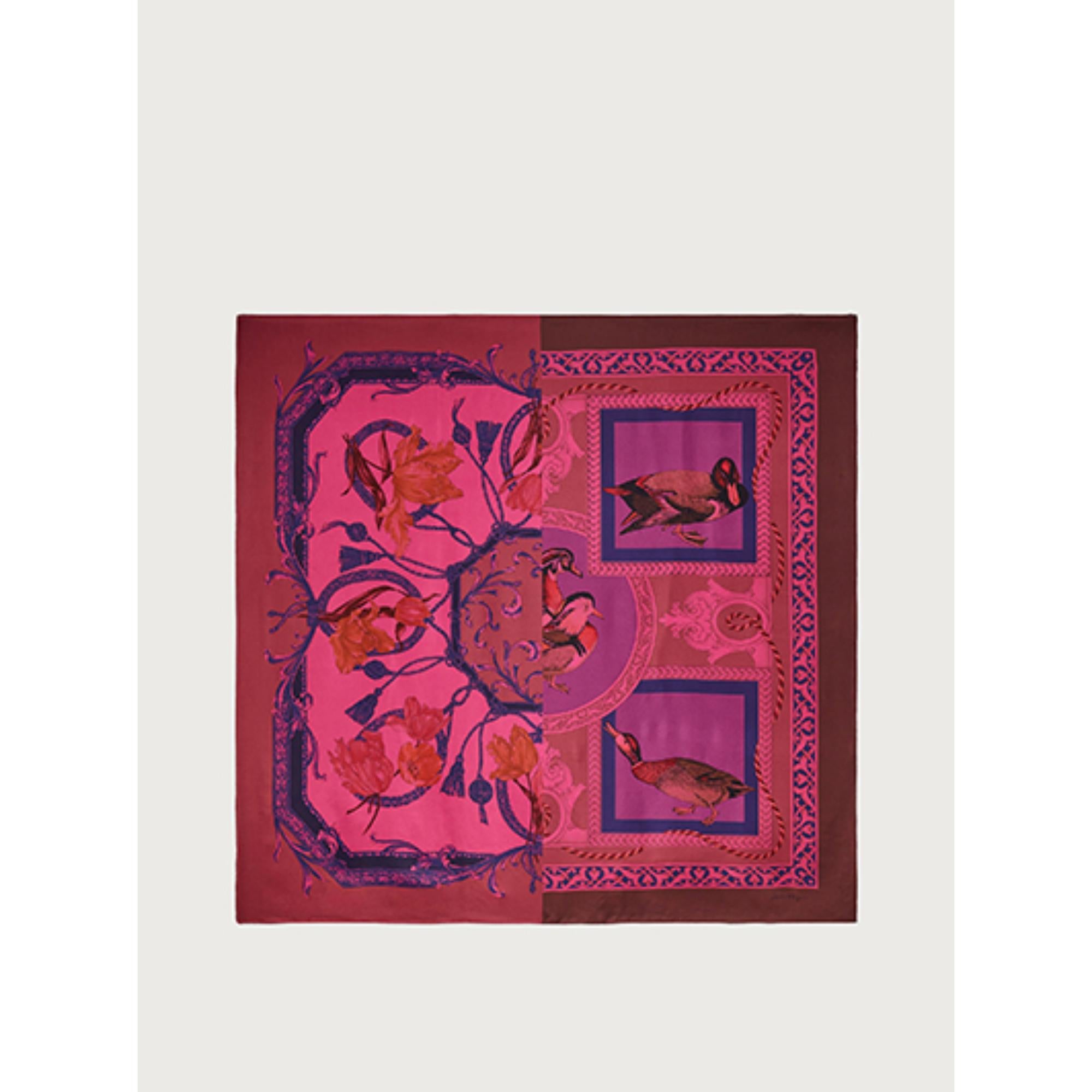 Poppy Print Silk Foulard in 100% Silk - Hot Pink