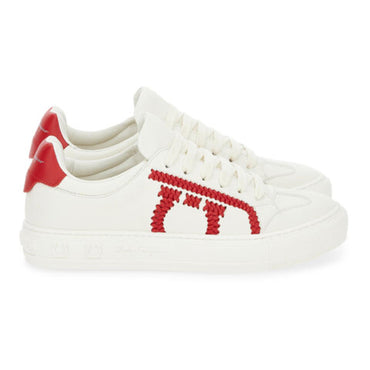 Gancini Sneaker in Calf Leather - White/Lipstick Red