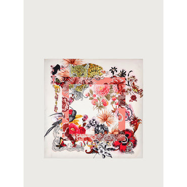 Collage Print Silk Scarf in 100% Silk - Ivory/Pink