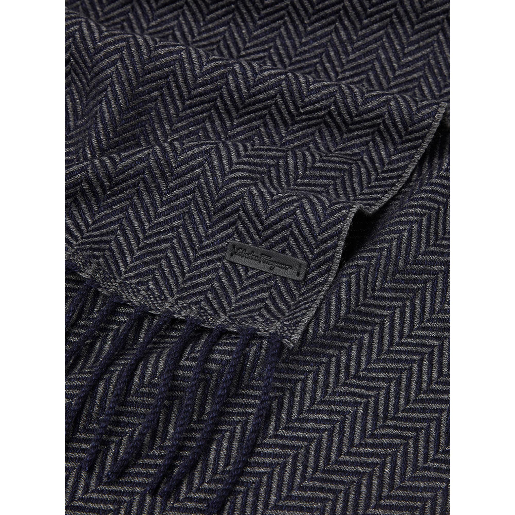 Double Sided Silk and Cashmere Scarf - Navy Blue/Grey