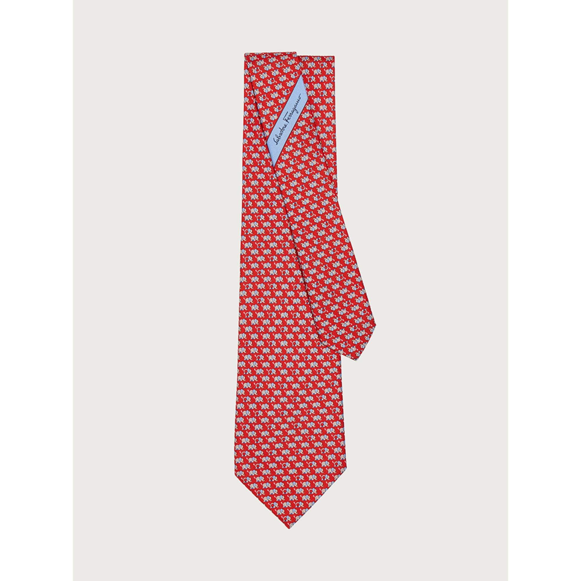 Elephant and Gancini Print Silk Tie - Red