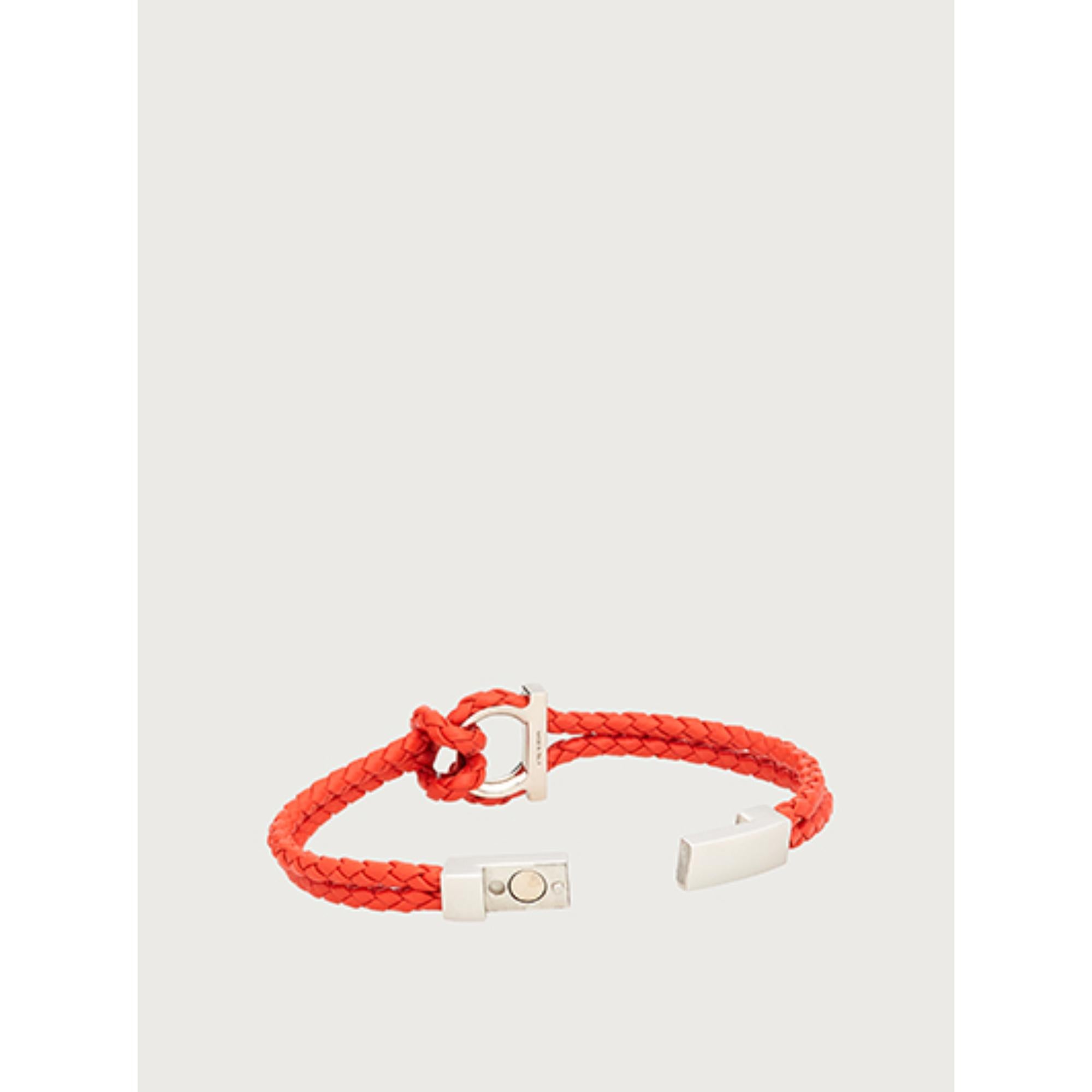 Gancini Bracelet in Brass, Steel and Leather - Candy Apple Red