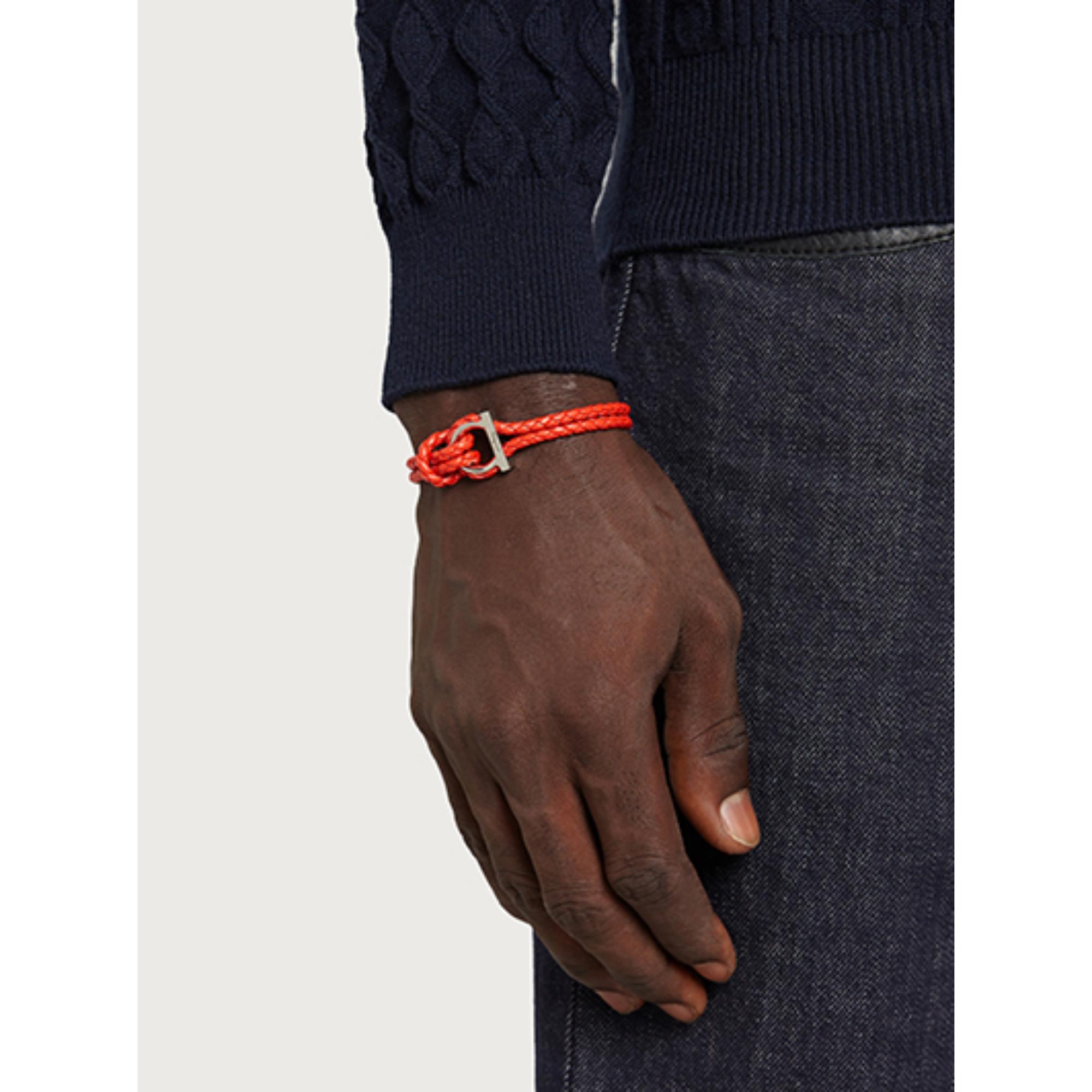 Gancini Bracelet in Brass, Steel and Leather - Candy Apple Red